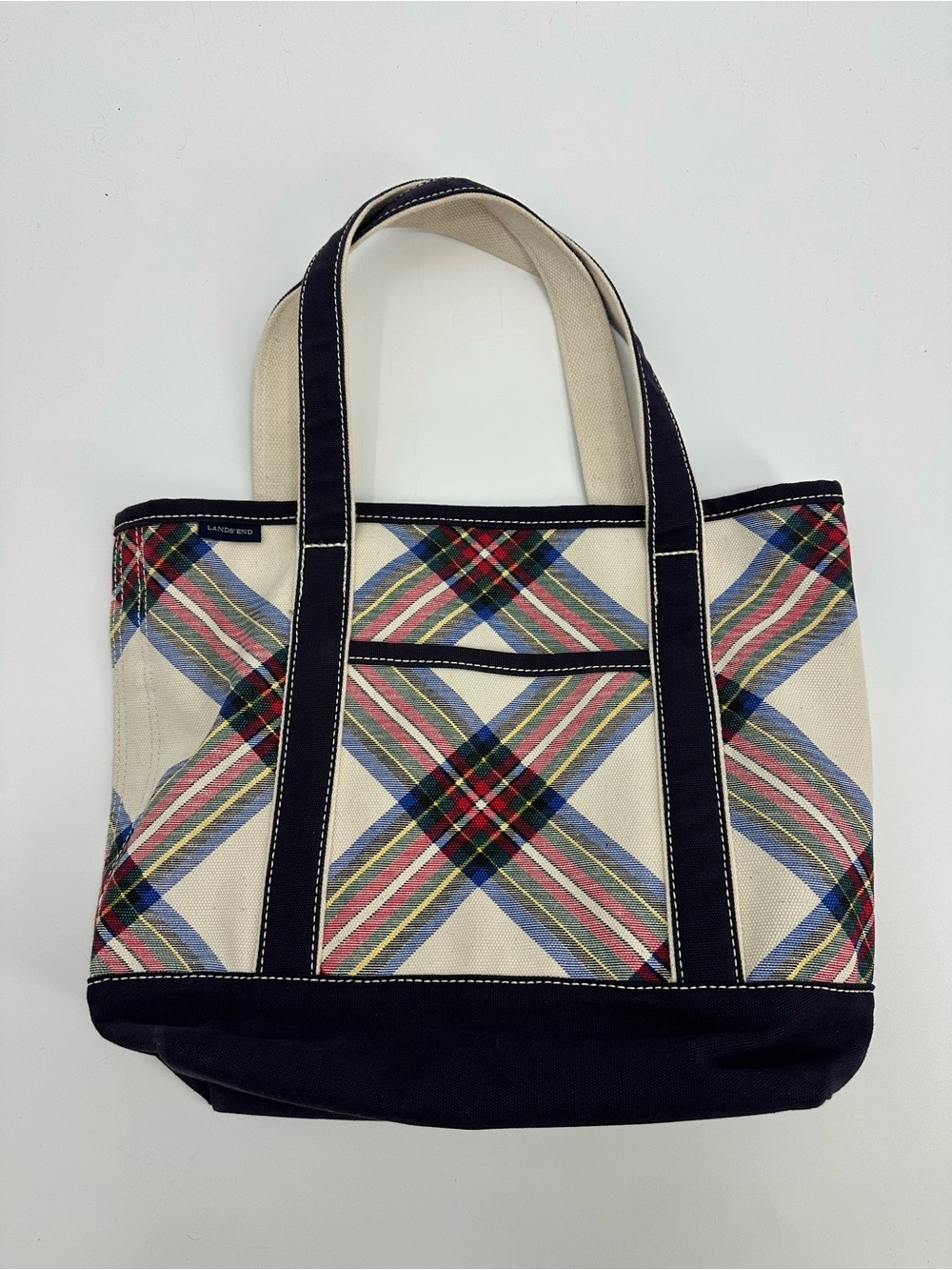 Lands' End Cream Plaid Tote with Navy Trim